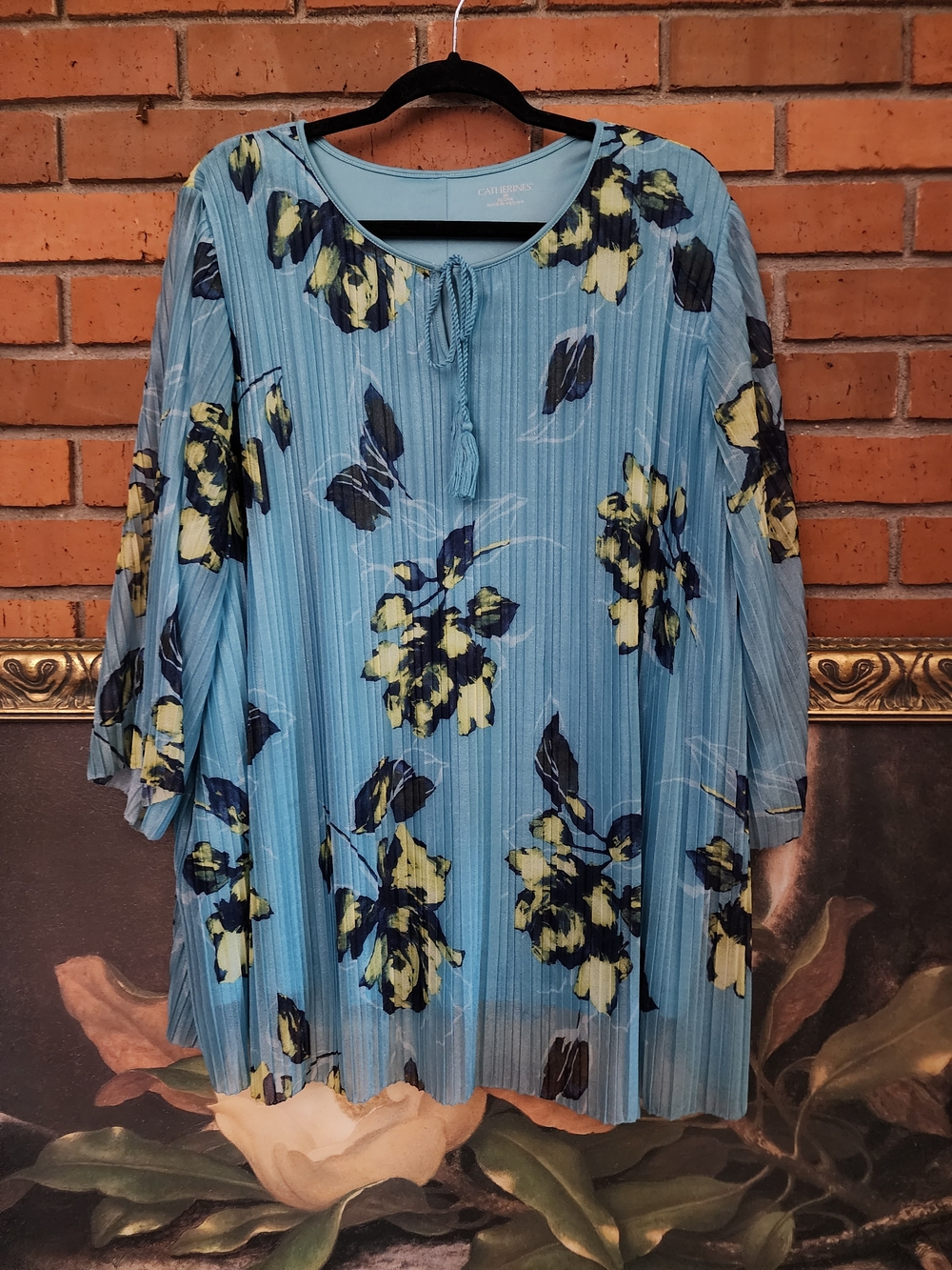 Catherines Light Blue Floral Pleated Tunic with Yellow and Navy Accents